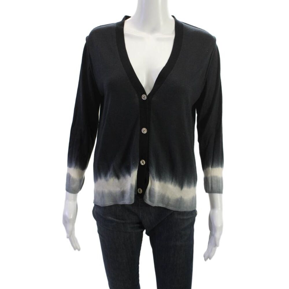 Zoe Couture Womens Black V-Neck Button Cardigan 3/4 Sleeve Silk Cashmere Size L